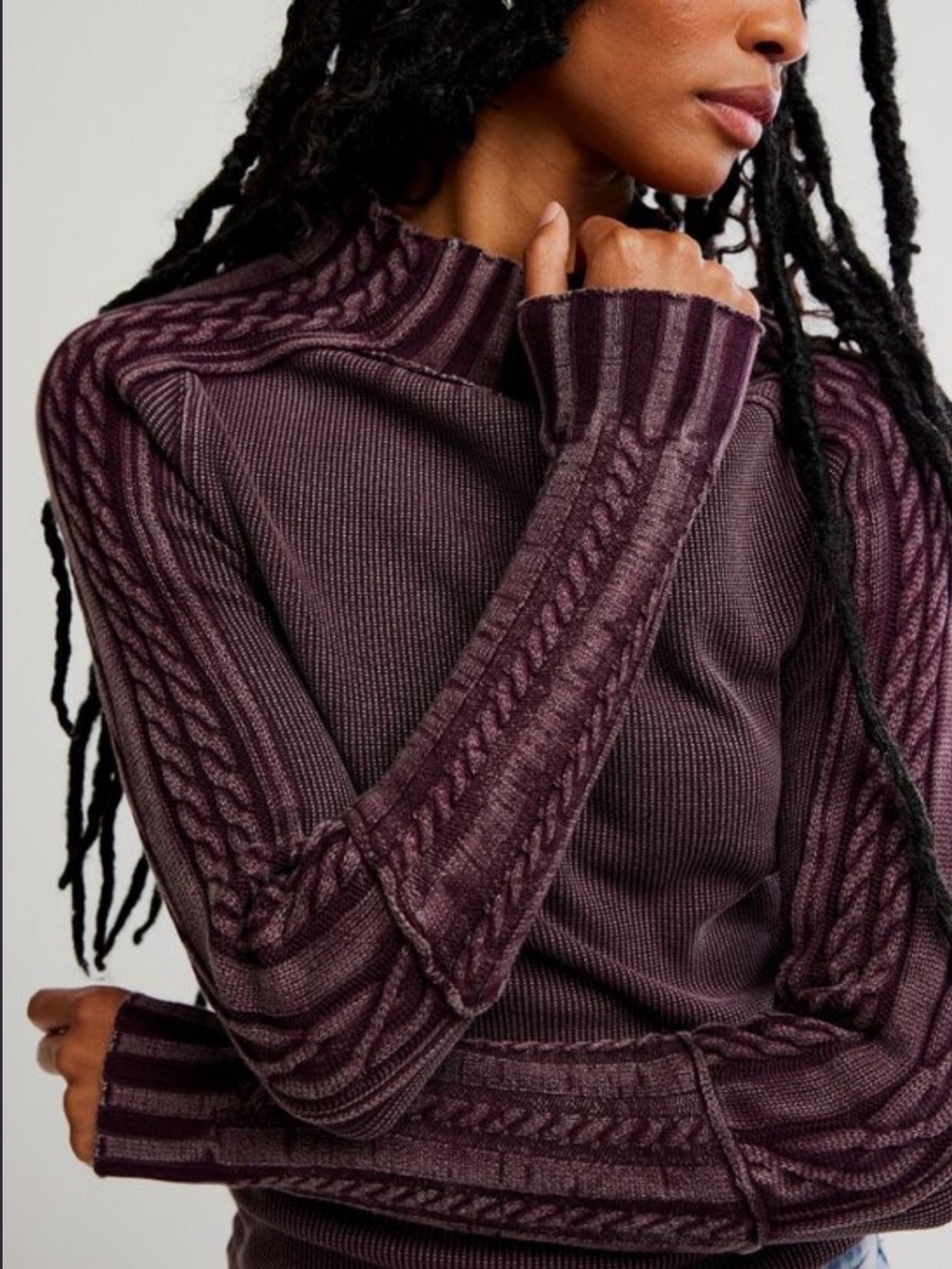 Free People We The Free Eggplant Cable Knit Mock Neck Top Large Fall Color